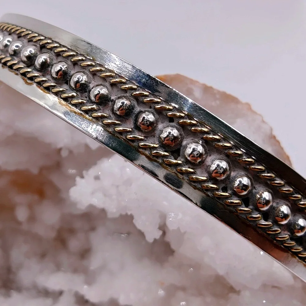 Taxco Mexico 925 Sterling Silver Mixed Metal Beaded Rope Bangle Bracelet 17g